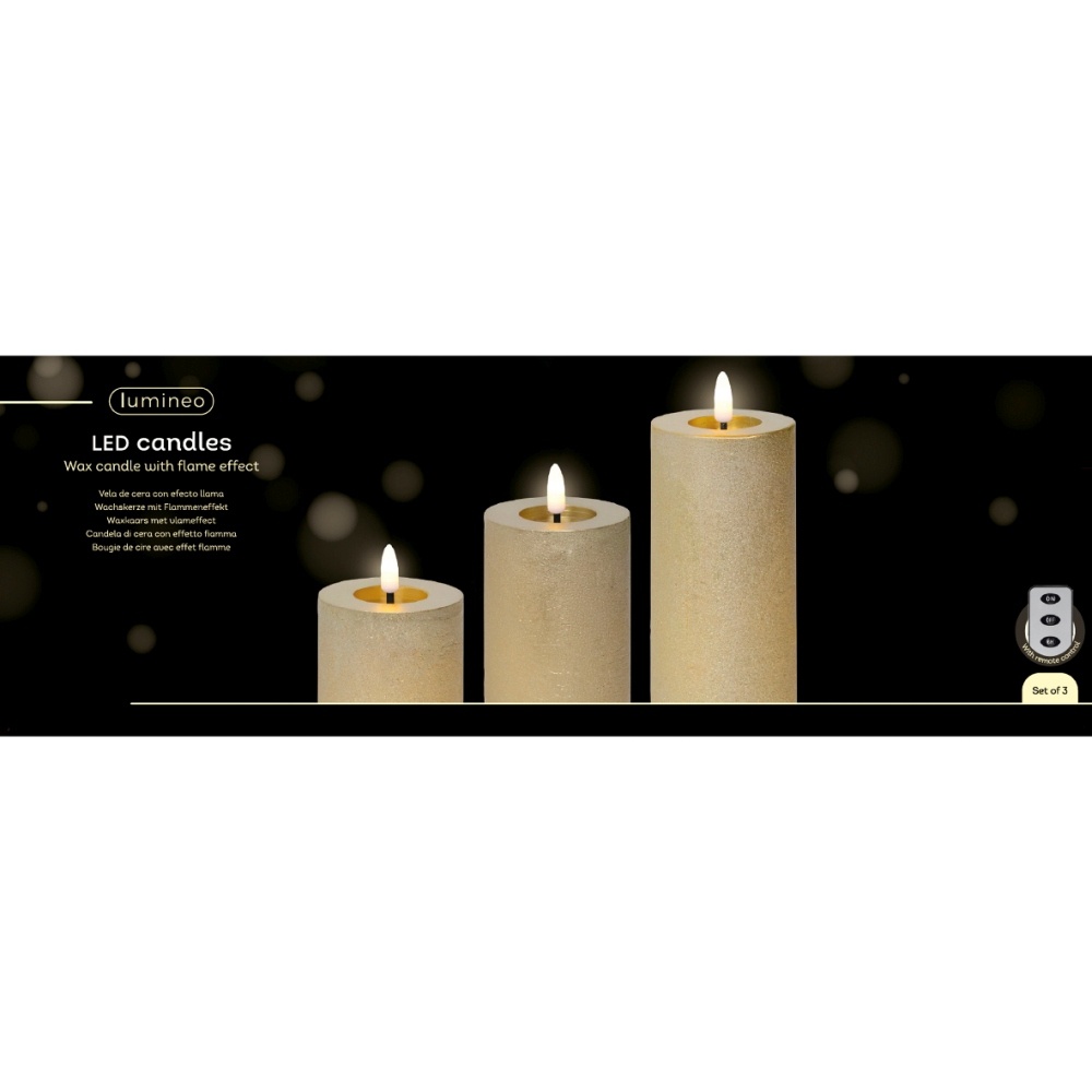 LED kaarsen set van 3 | wax | goud/warm wit met bewegend lampje | ø7,5x15/12,5/10cm