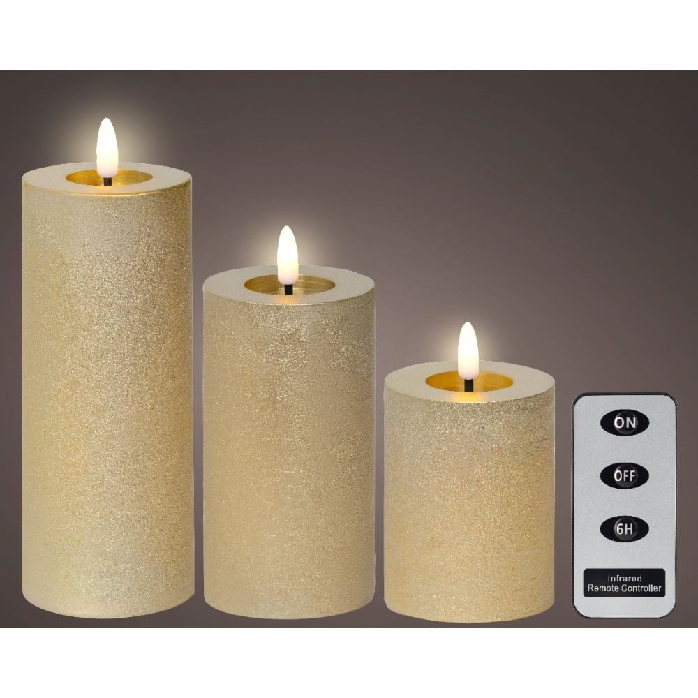 LED kaarsen set van 3 | wax | goud/warm wit met bewegend lampje | ø7,5x15/12,5/10cm