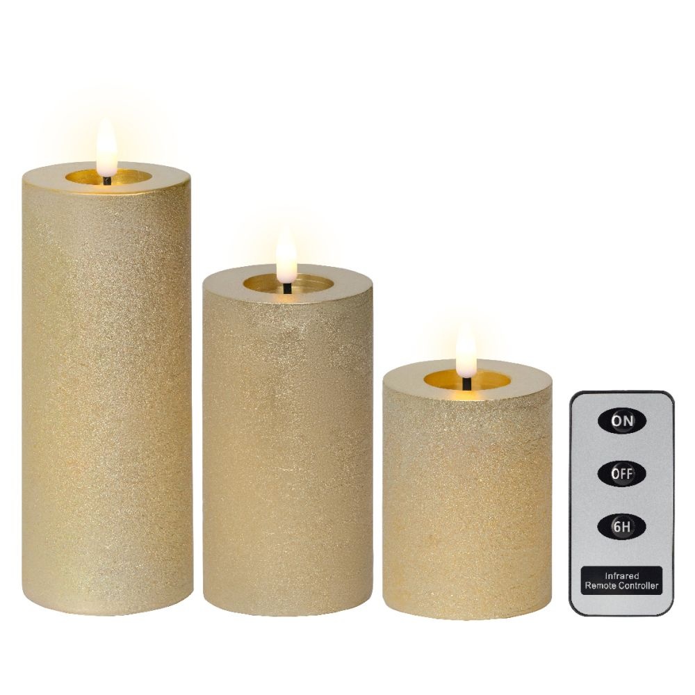 LED kaarsen set van 3 | wax | goud/warm wit met bewegend lampje | ø7,5x15/12,5/10cm