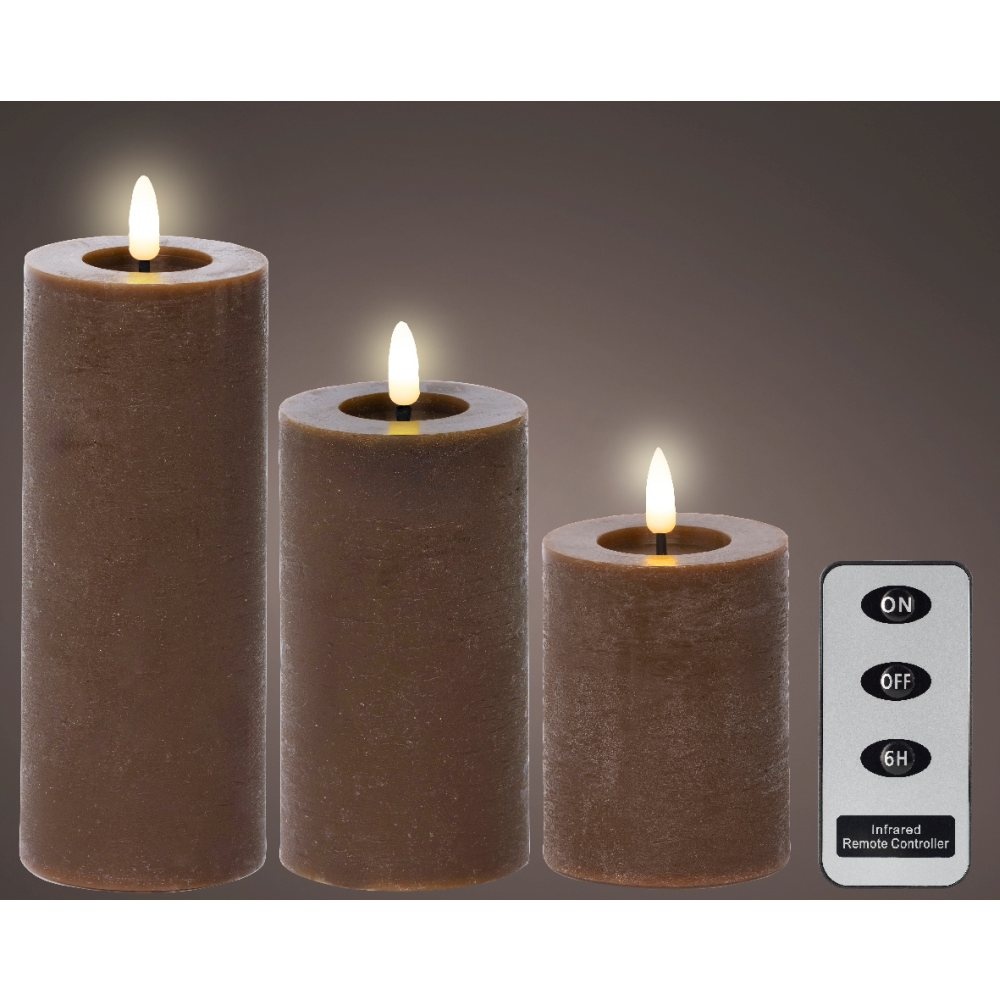 LED kaarsen set van 3 | wax | donker bruin/warm wit | ø7,5x15/12,5/10cm