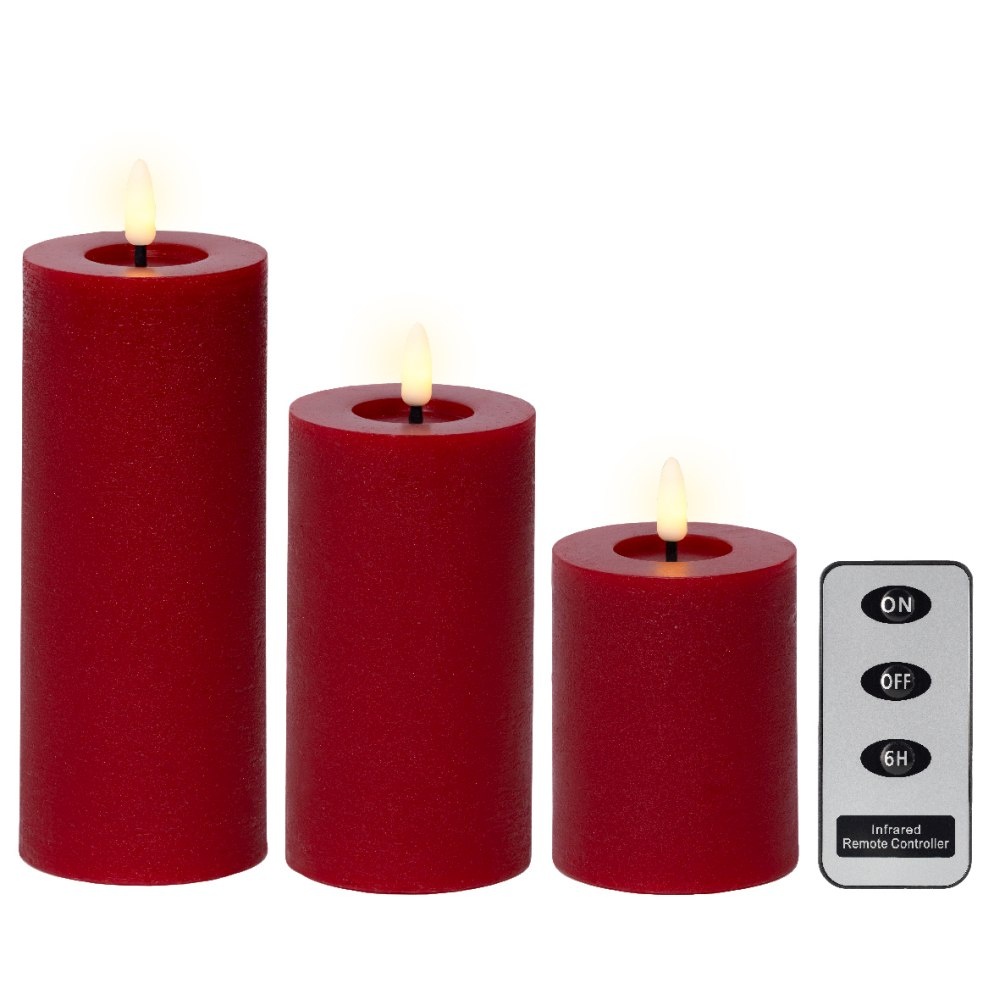 LED kaarsen set van 3 | wax | rood/warm wit | ø7,5x15/12,5/10cm