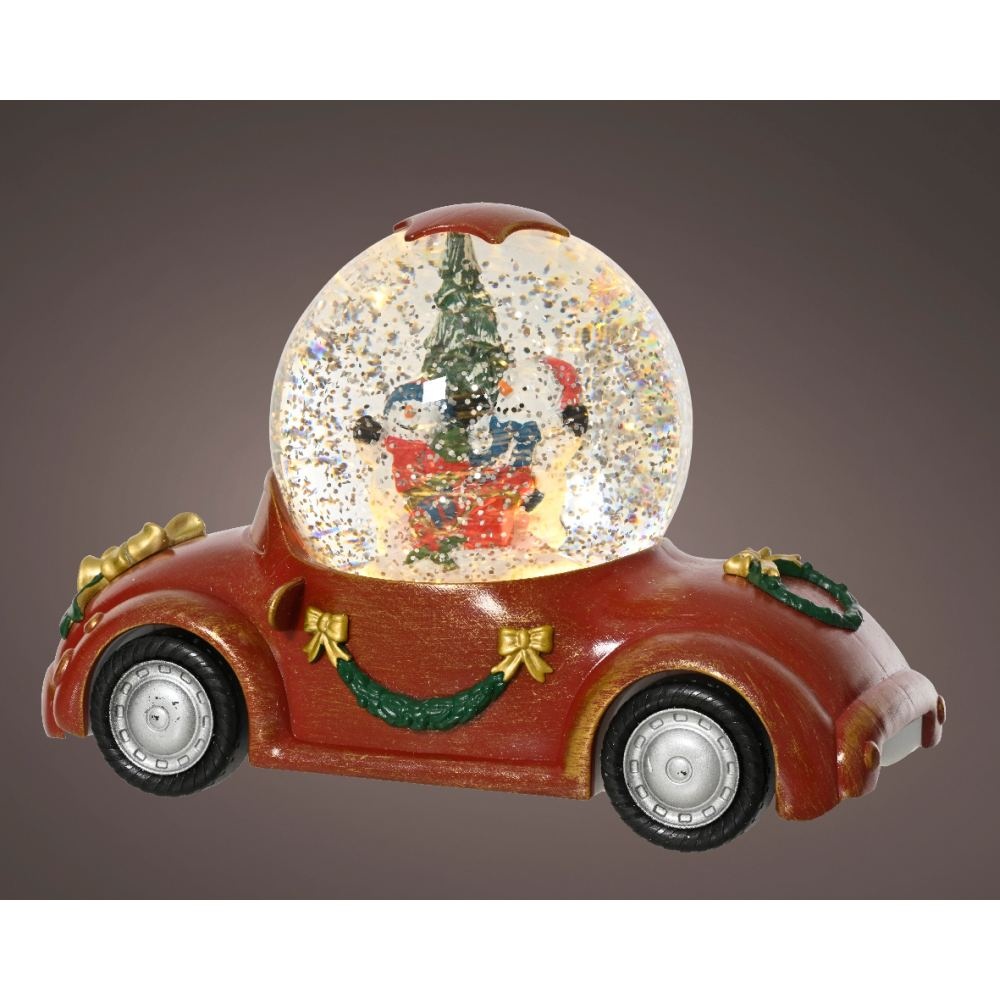 Sneeuwbol luxe auto met LED lampjes | rood | 14,6cm