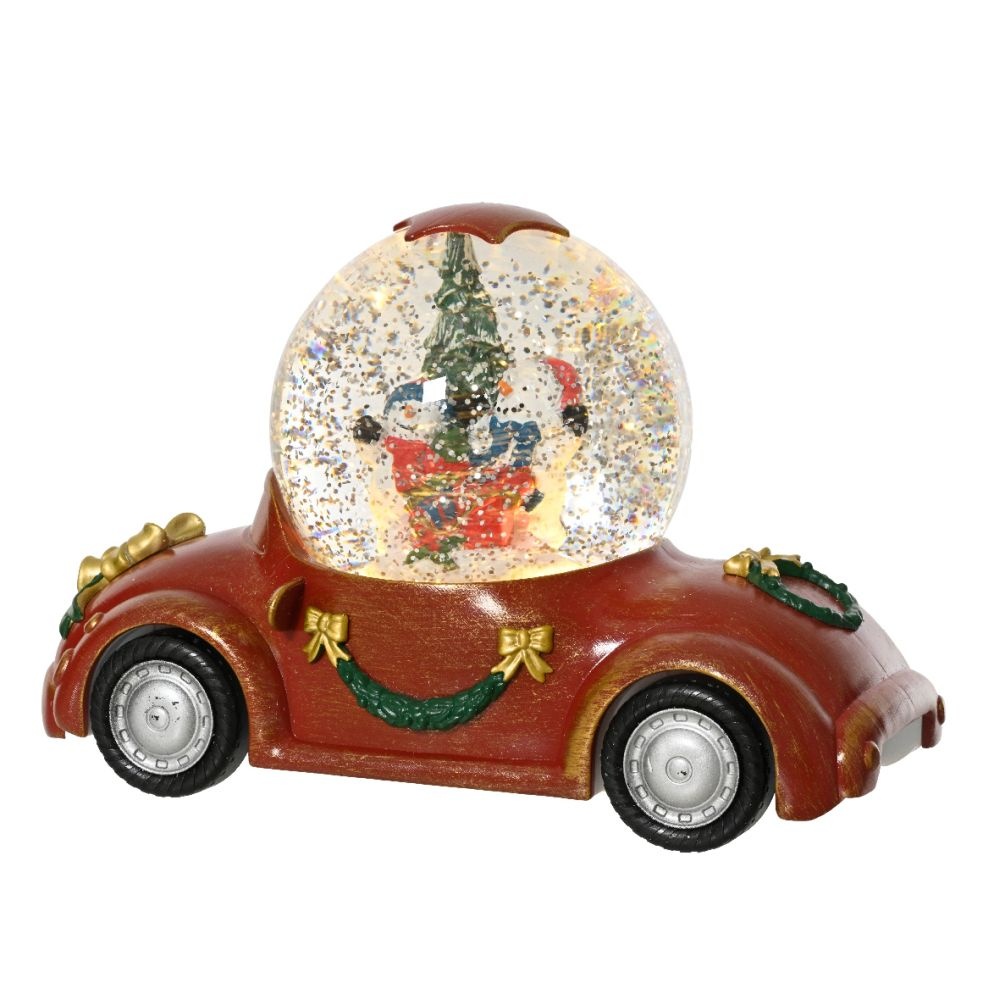 Sneeuwbol luxe auto met LED lampjes | rood | 14,6cm