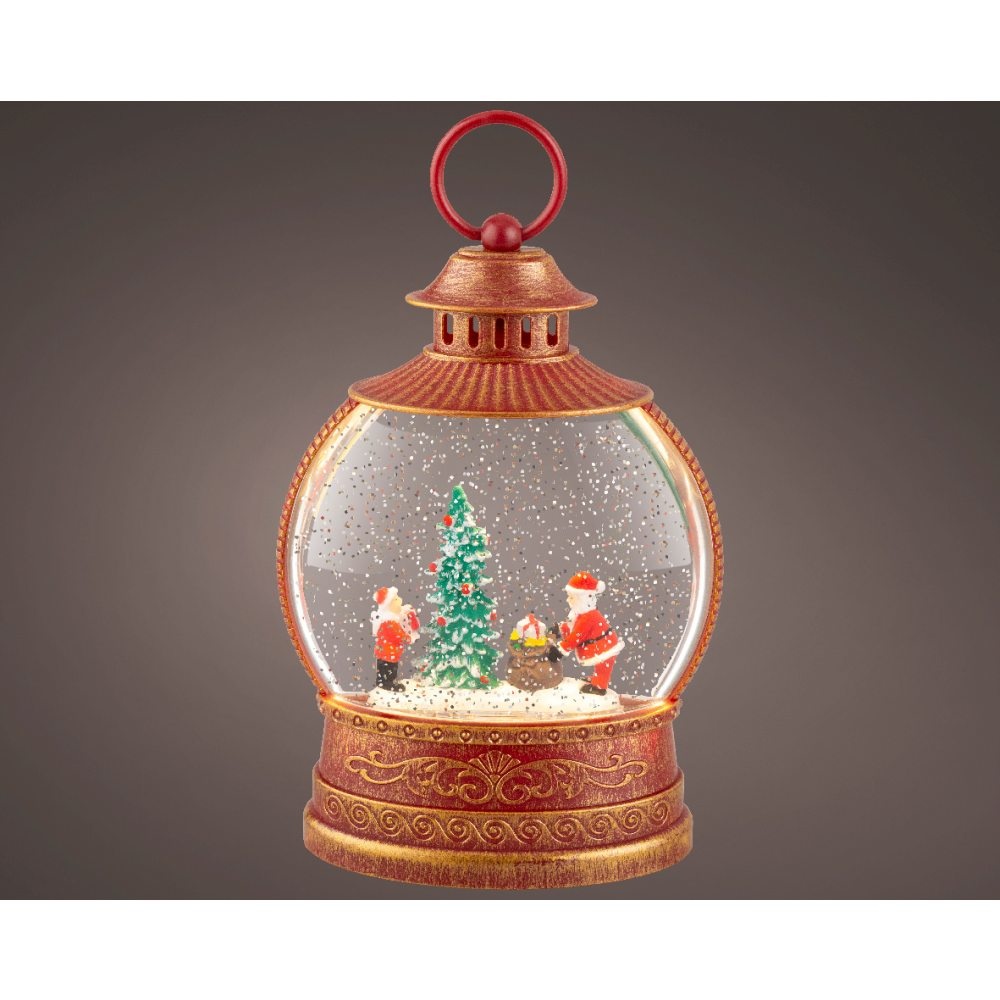 Sneeuwbol lantaarn met LED lampjes | rood/goud | 25,5cm