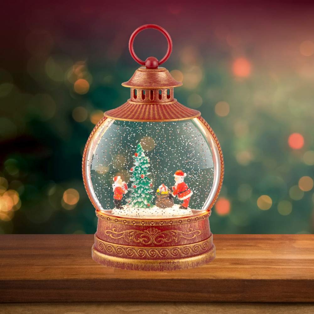 Sneeuwbol lantaarn met LED lampjes | rood/goud | 25,5cm