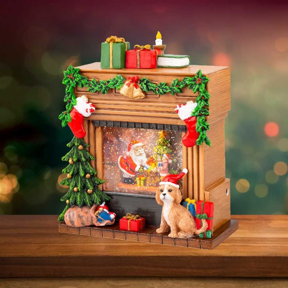 Sneeuwbol openhaard met LED lampjes | bruin | 23cm