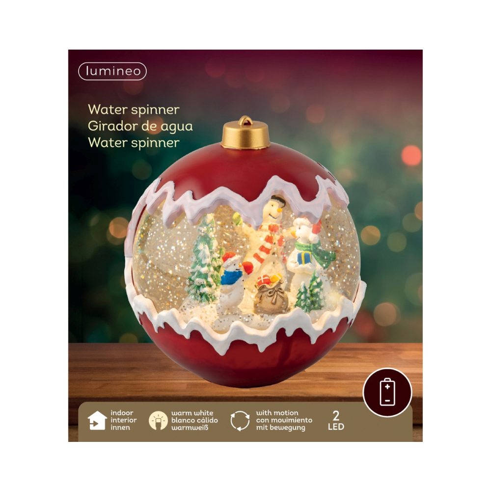 Sneeuwbol kerstbal met LED lampjes | rood/wit | 16,3cm