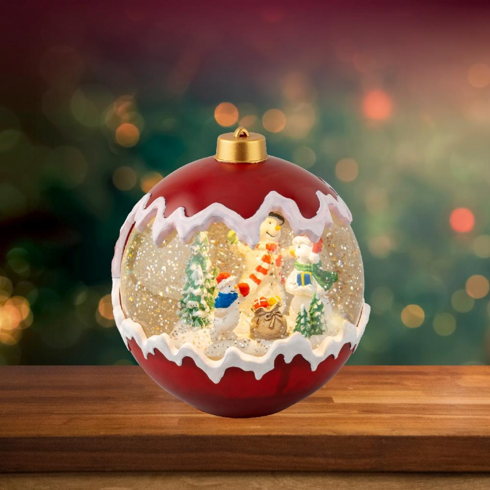 Sneeuwbol kerstbal met LED lampjes | rood/wit | 16,3cm