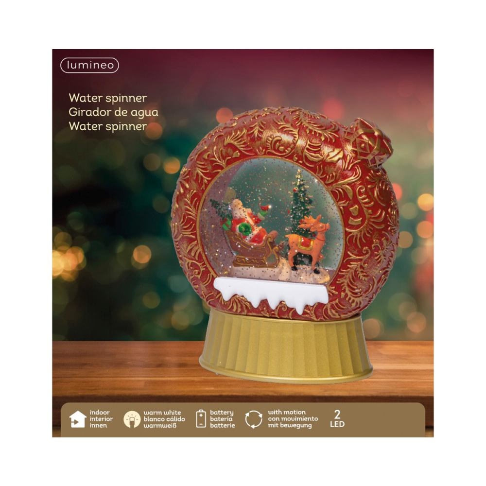 Sneeuwbol cadeau met LED lampjes | rond | rood/goud | 20cm