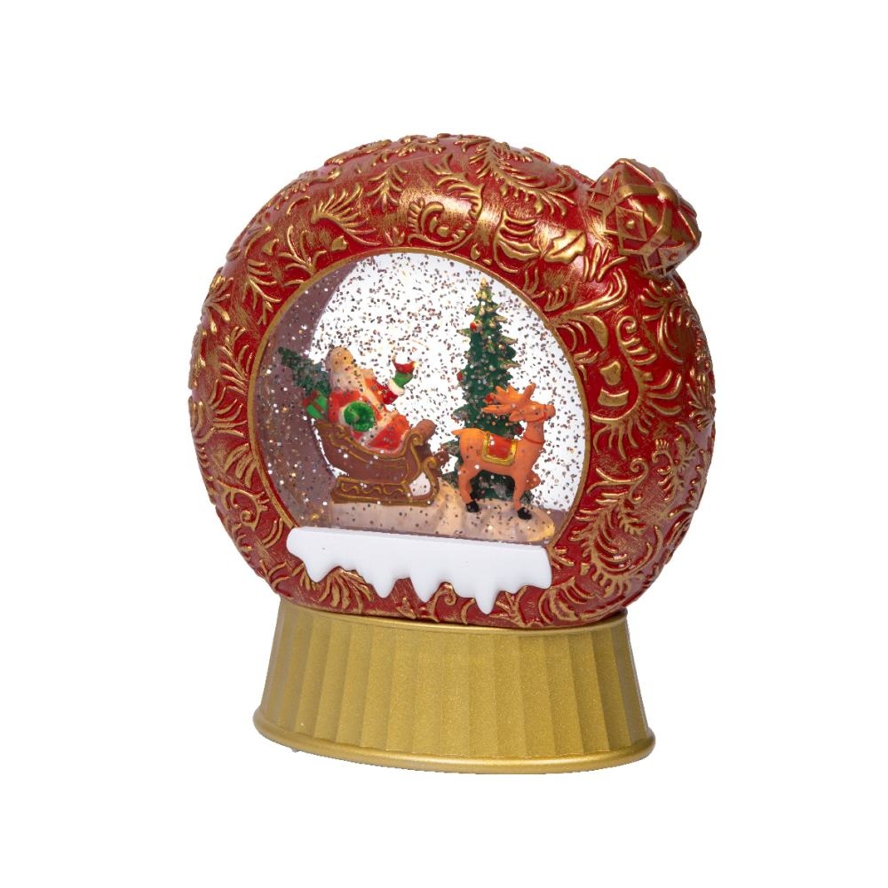 Sneeuwbol cadeau met LED lampjes | rond | rood/goud | 20cm