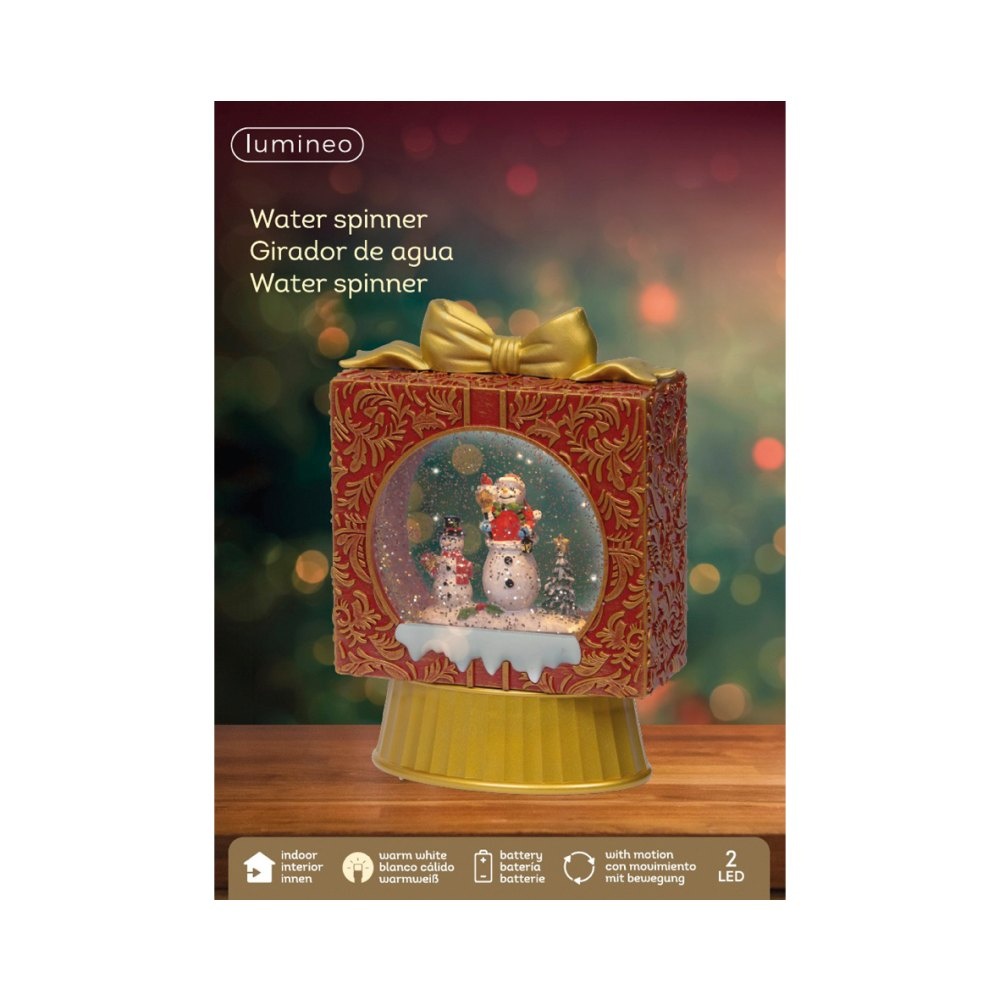 Sneeuwbol cadeau met LED lampjes | rood/goud | 22cm