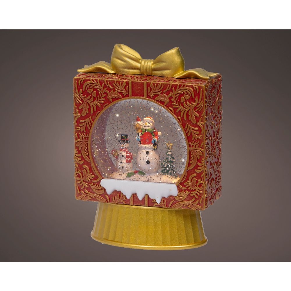 Sneeuwbol cadeau met LED lampjes | rood/goud | 22cm