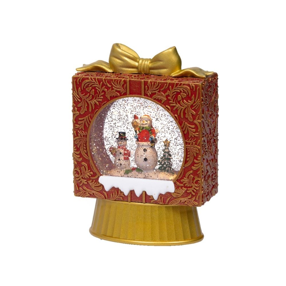 Sneeuwbol cadeau met LED lampjes | rood/goud | 22cm