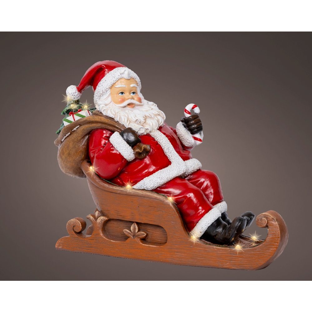 Kerstman in slee | met LED verlichting | polyresin | bruin/rood | 22,5cm