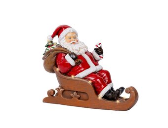 Kerstman in slee | met LED verlichting | polyresin | bruin/rood | 22,5cm