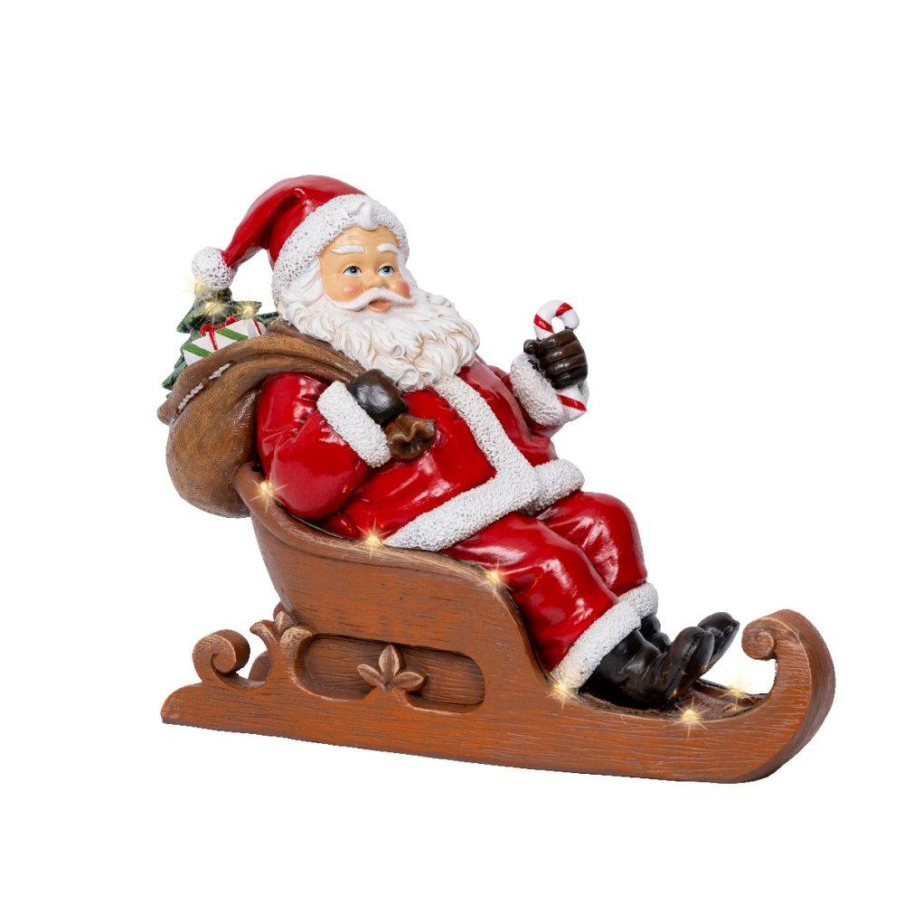 Kerstman in slee | met LED verlichting | polyresin | bruin/rood | 22,5cm