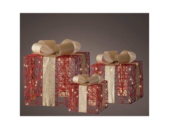 Cadeaus met strik en LED lampjes | 3-delig | kunststof | rood