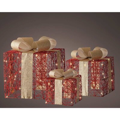 Cadeaus met strik en LED lampjes | 3-delig | kunststof | rood