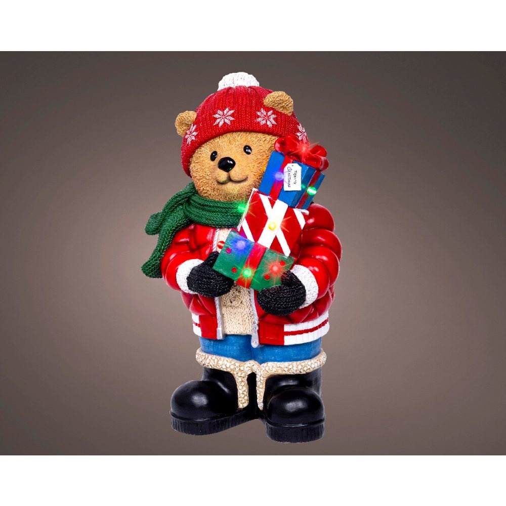 Kerstbeer met cadeautjes | met LED verlichting | polyresin | rood | 65cm