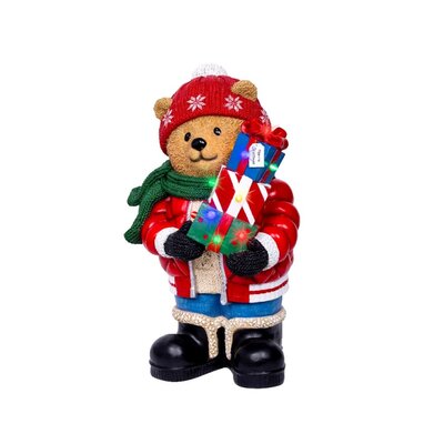 Kerstbeer met cadeautjes | met LED verlichting | polyresin | rood | 65cm