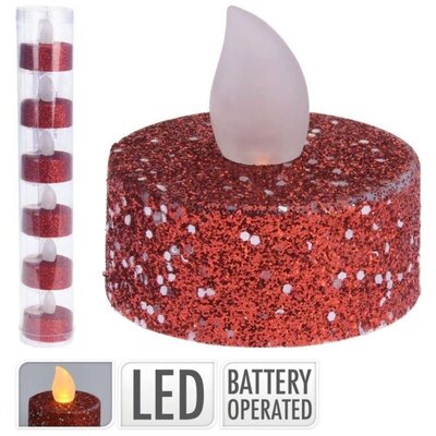 LED theelicht | 6-delig | wax | rood/glitters | 4cm