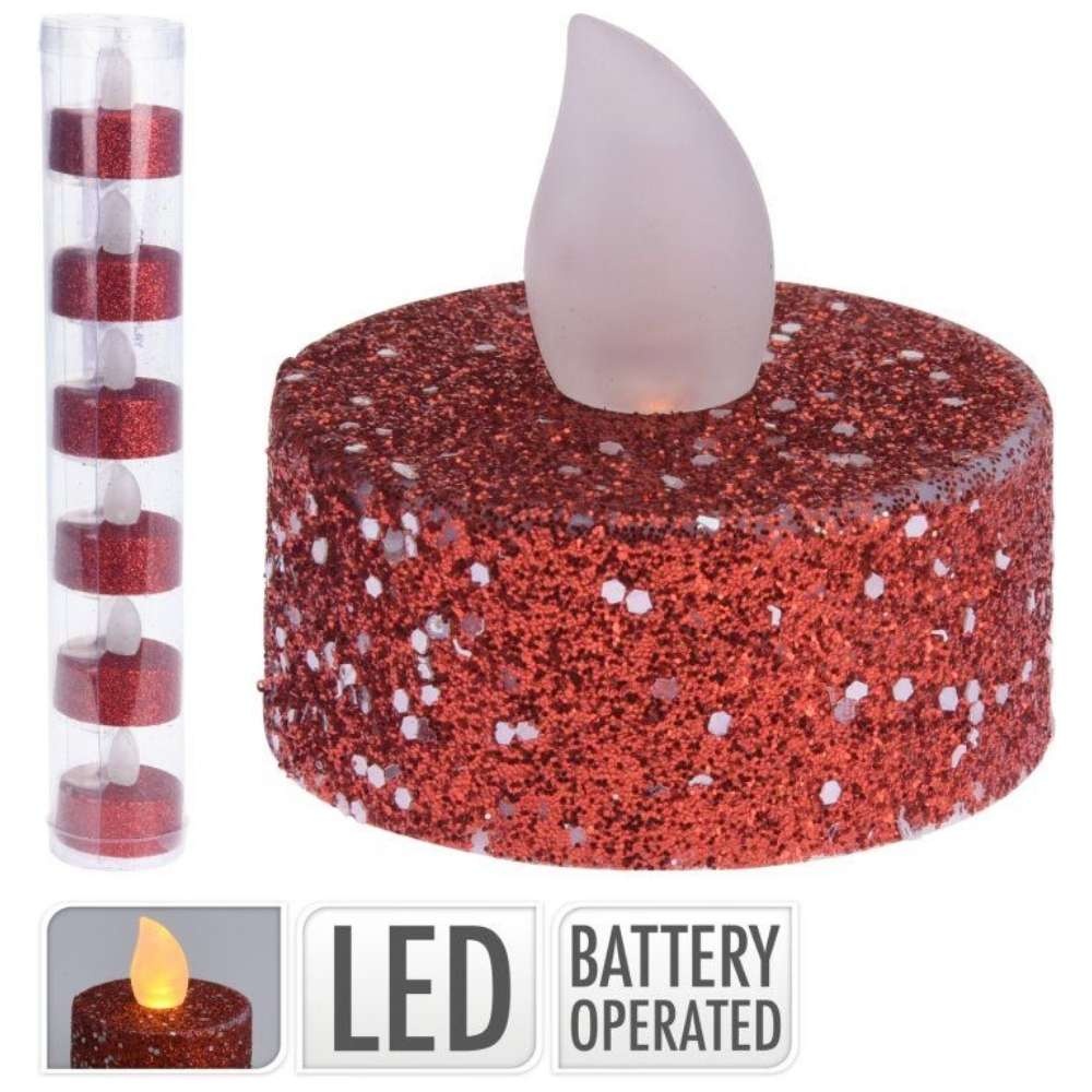 LED theelicht | 6-delig | wax | rood/glitters | 4cm