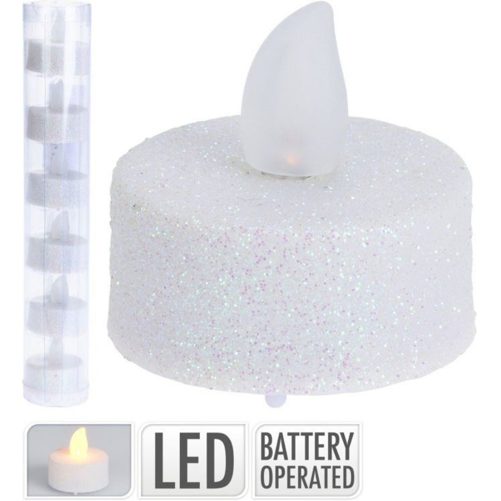 LED theelicht | 6-delig | wax | wit/glitters | 4cm