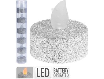 LED theelicht | 6-delig | wax | zilver/glitters | 4cm