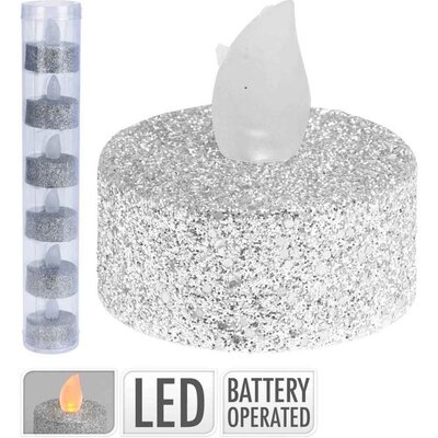LED theelicht | 6-delig | wax | zilver/glitters | 4cm