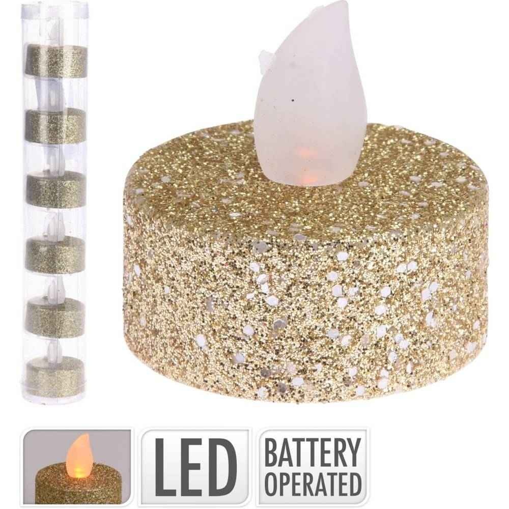 LED theelicht | 6-delig | wax | goud/glitters | 4cm