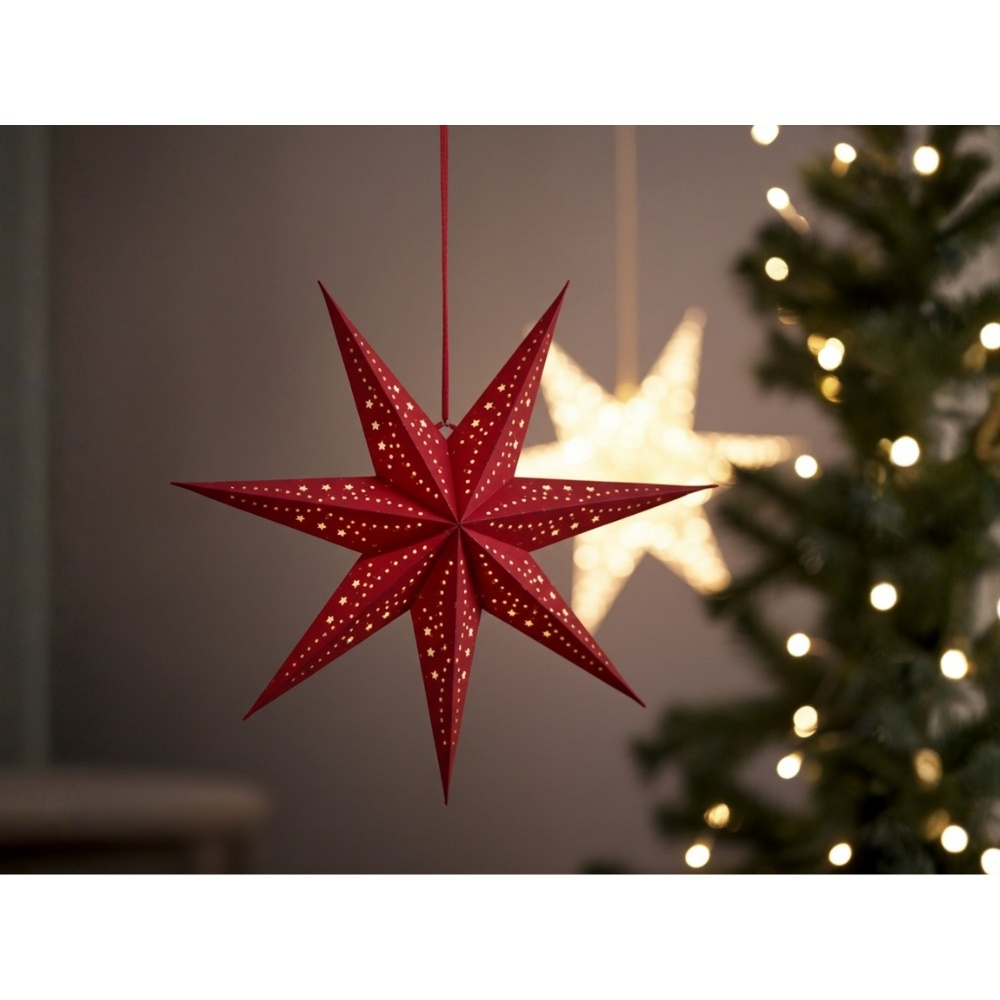 Kersthanger ster met LED lampjes | papier | rood | 18,5cm