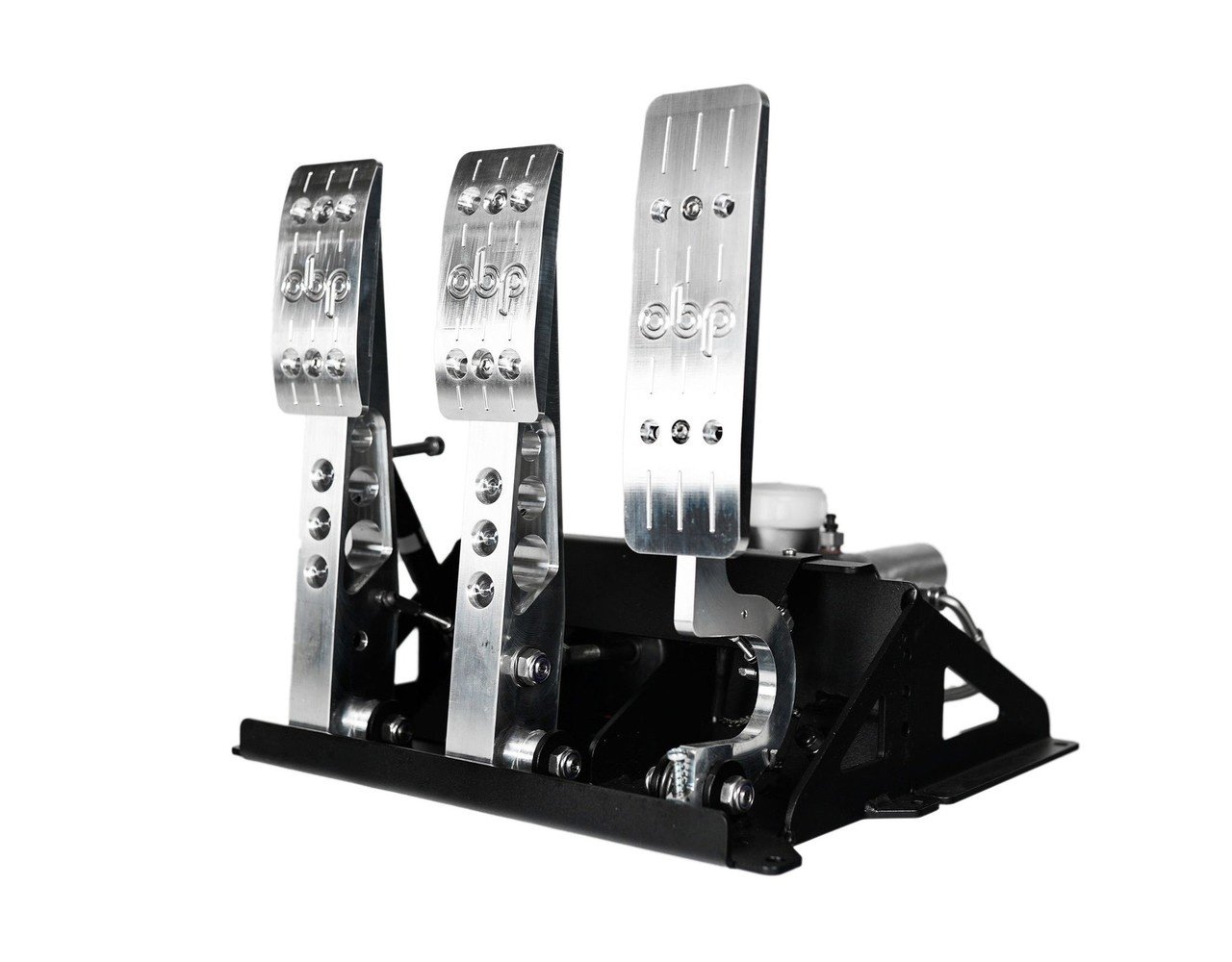 Three pedals on a pedalbase with a white background.