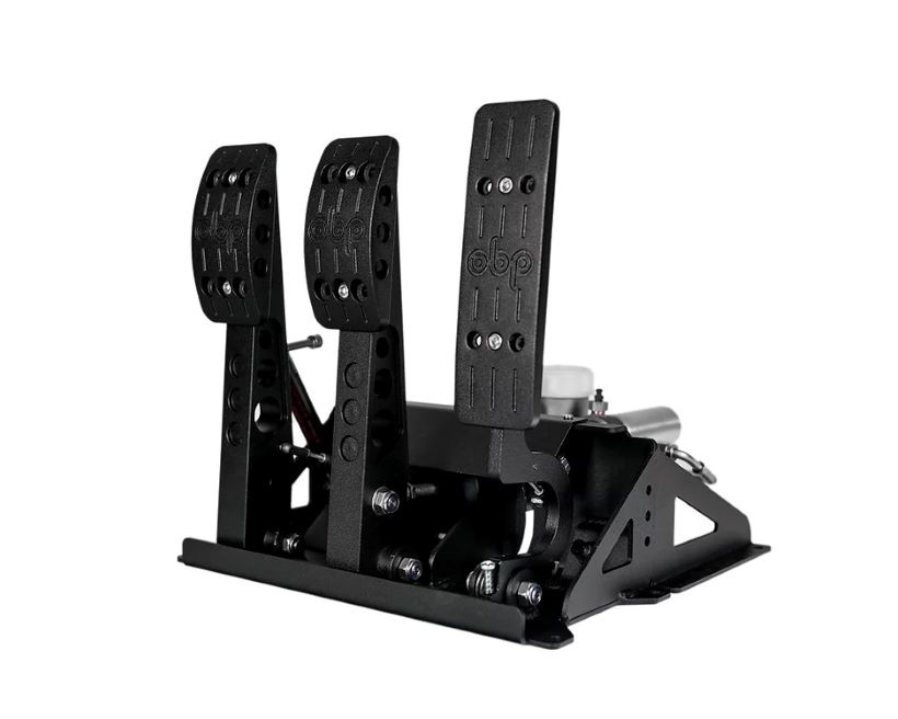 A set of three sim racing pedals made by OBP on a white background.