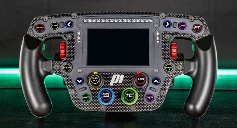 A P1 Sim Formula Steering Wheel with a horizontal green neon light behind it and a black background.