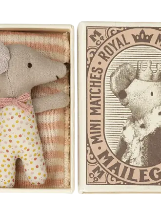 Maileg Sleepy/wakey baby mouse in matchbox - rose