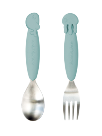 Done by Deer Easy-grip spoon & fork set, Sea friends, Blue