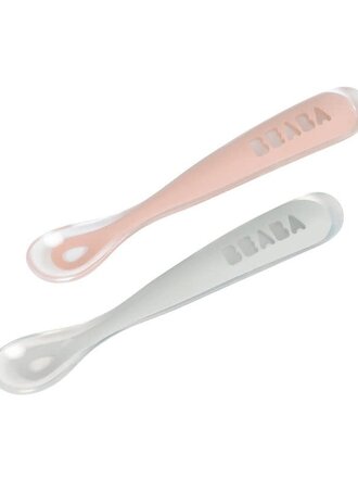 Beaba Set van 2 siliconen babylepels + opbergdoosje grey/pink
