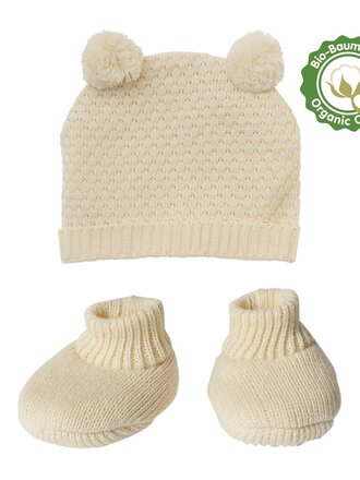 Heless Poppenbreiset met pomponmuts en gebreide schoentjes van 100% biologisch katoen, ecru, 2-delig, maat. 28-35 cm