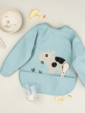 Done by Deer Sleeved pocket bib Tiny farm Blue