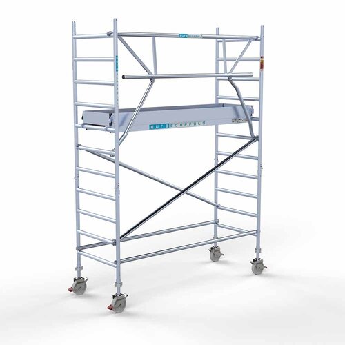 Andamio móvil completo 90 x 250 x 4,2 m altura de trabajo + barandillas frontales de un solo lado Euroscaffold Andamio móvil completo 90 x 250 x 4,2 m altura de trabajo + barandillas frontales de un solo lado