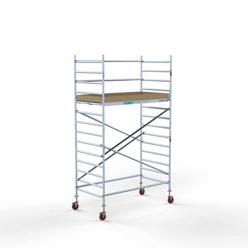 Andamio móvil básico de 135 x 250 x 5,2 m de altura de trabajo con plataforma ligera Euroscaffold Andamio móvil básico de 135 x 250 x 5,2 m de altura de trabajo con plataforma ligera