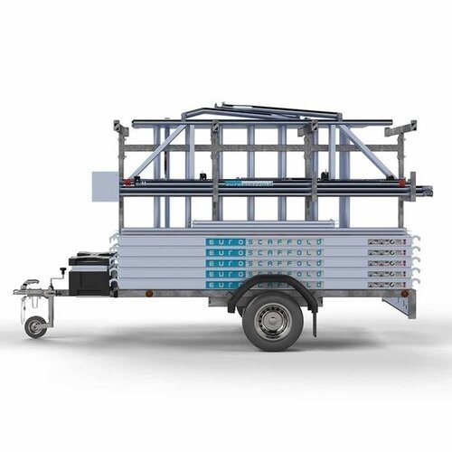 Remolque para andamios + andamio rodante Euro Completo 135 x 250 x 8,2 m de altura de trabajo + barandillas simples delanteras Euroscaffold Remolque para andamios + andamio rodante Euro Completo 135 x 250 x 8,2 m de altura de trabajo + barandillas simples delanteras