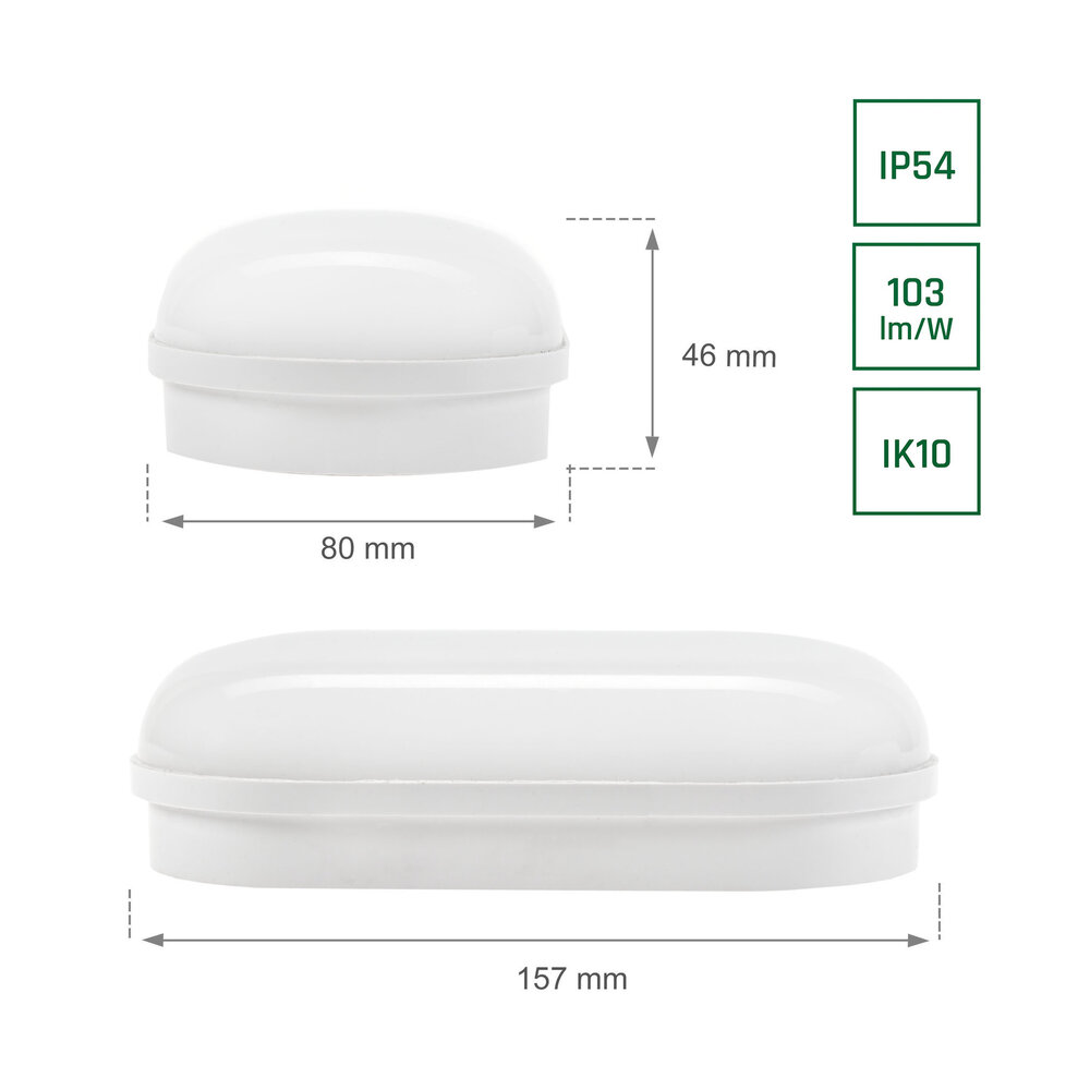 Spectrum LED Bulkhead opbouw lamp Ovaal IP54 - 8W 940Lm - 4000K 840 Koel Wit | 157x48MM - 2 Jaar Garantie