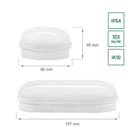 Spectrum voor de installateur LED Bulkhead opbouw lamp Ovaal IP54 - 8W 940Lm - 4000K 840 Koel Wit | 157x48MM - 2 Jaar Garantie