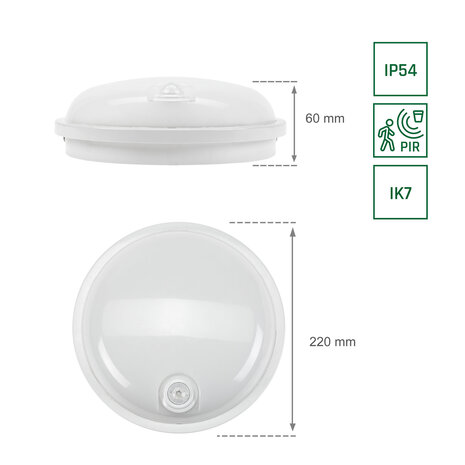 Spectrum LED Plafondlamp IP54 Sensor - Wit Rond 220MM  - 20W 2300Lm - 4000K 840 Koel Wit - PIR bewegigingsensor