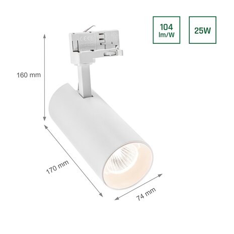 Spectrum voor de installateur LED Railspot Wit Tracklight - Universeel 3-Phase - 25W 104lm p/w - 4000K Helder wit licht