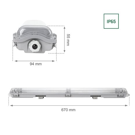 60cm LED armatuur IP65 + 2 LED TL buizen 10W p/s - 3000K 830 warm wit licht - Doorkoppelbaar - Compleet 60cm LED armatuur IP65 + 2 LED TL buizen 10W p/s - 3000K 830 warm wit licht - Doorkoppelbaar - Compleet