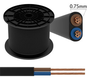 Aigostar Aansluitsnoer - 100m - 2x 0.75mm2 met zwarte mantel plat - H03VVH2-F 2G0.75