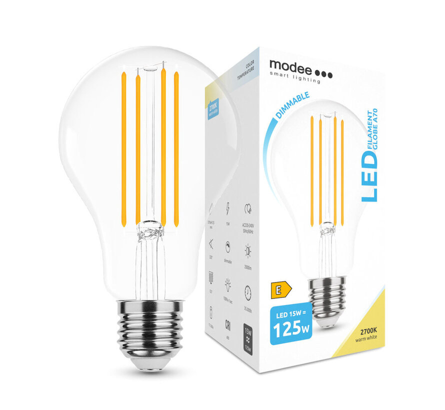 LED Filament Lamp dimbaar - E27 A70 15W - vervangt 125W - 2700K warm wit licht