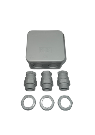 Kabeldoos Grijs IP54 - 220-C - 80 x 80 x 50 mm - Incl. 3 kabelwartels PG-16 3 wartelmoeren PG-16 Kabeldoos Grijs IP54 - 220-C - 80 x 80 x 50 mm - Incl. 3 kabelwartels PG-16 3 wartelmoeren PG-16